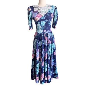 Expo | Vintage 80’s Women’s Floral Lace Collar Dress‎ Cottage Core Country Chic
